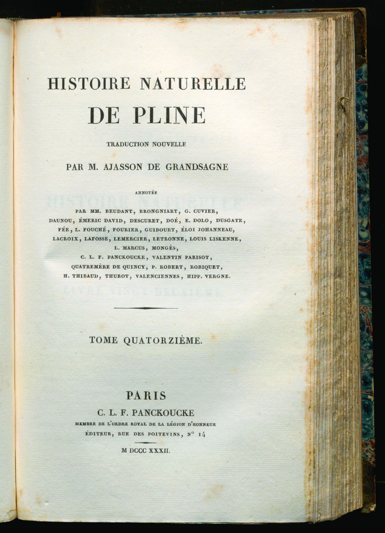 Histoire naturelle de Pline traduction nouvelle par M. Ajasson de Grandsagne annotée par MM. Beudant, Brongniart, G. Cuvier, et al. Tome quatorzieme